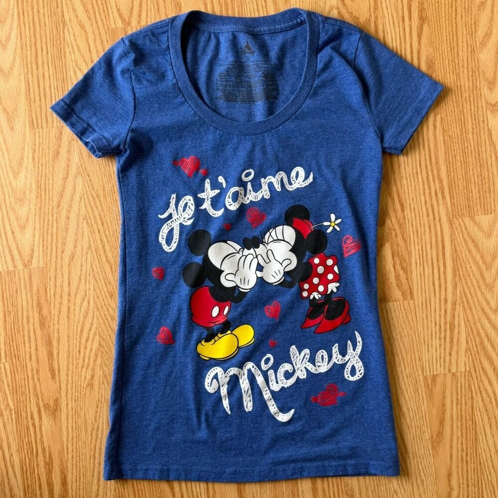 Disney Womens Size XS Je T'aime Mickey Minnie Graphic Tee Love Blue TShirt